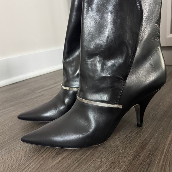 Givenchy Black Leather Silver Bar Heeled Bootie 38.5 Point Toe Kitten Heel Boots - Picture 3 of 6